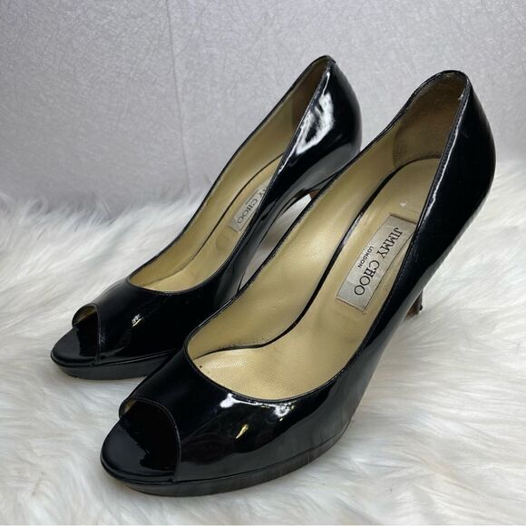 Jimmy Choo Patent Leather Peep Toe Heels Black 40 - Picture 1 of 12
